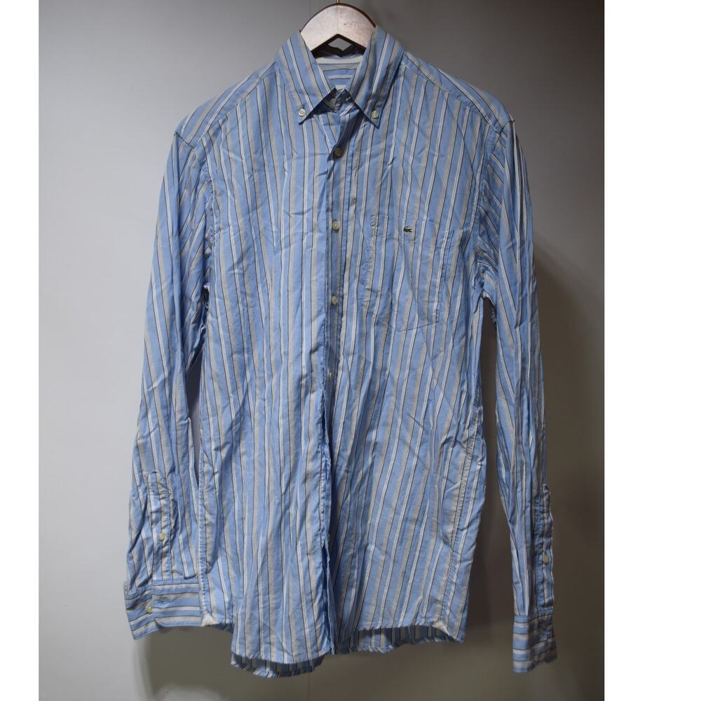 Lacoste Blue White Stripe Button Down Shirt Size 38 Small Cotton Long Sleeve